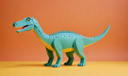 A green paper dinosaur stands on a yellow surface with an orange backgroundの素材