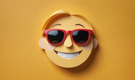 A paper cutout of a smiling face wearing sunglasses against a yellow backgroundの素材