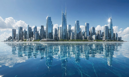 A modern city skyline reflects in the calm water on a clear dayの素材