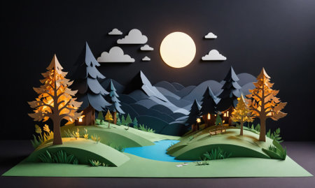 A paper-crafted forest scene with glowing trees and a full moon in the skyの素材