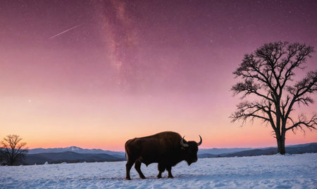 A lone bison stands in a snowy field at sunset with the Milky Way and a shooting star in the skyの素材
