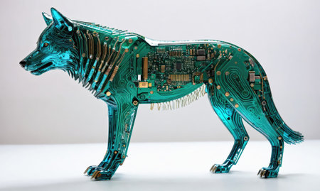 A teal wolf made of circuit boards stands on a white surfaceの素材