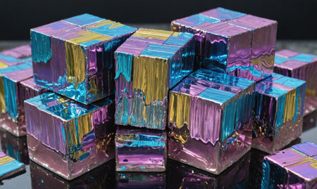 A close-up of iridescent, metallic cubes stacked together, showcasing their vibrant colorsの素材
