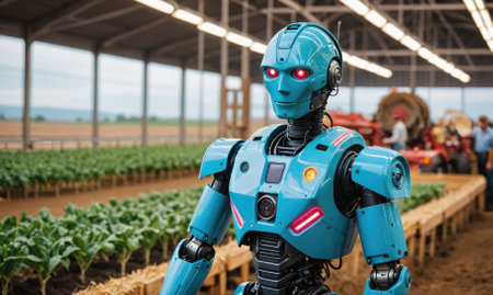 A blue robot stands in a greenhouse, monitoring rows of plantsの素材