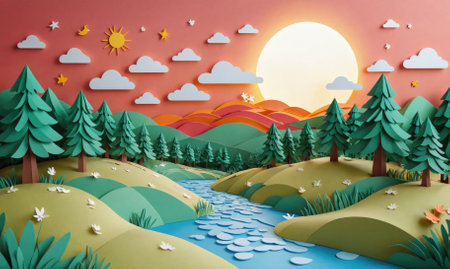 A papercraft forest scene features a winding river flowing through lush green hills and a vibrant sunsetの素材