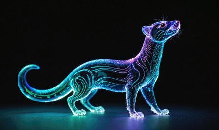 A glowing glass sculpture of a ferret stands on a black surface, illuminated with vibrant blue and purple lightの素材