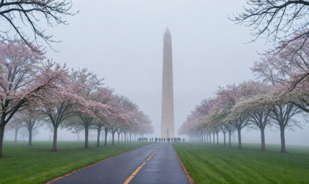 The Washington Monument stands tall in the mist, framed by cherry blossoms in full bloomの素材