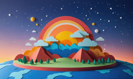 A papercraft landscape with mountains, a rainbow, and clouds set against a starry night skyの素材