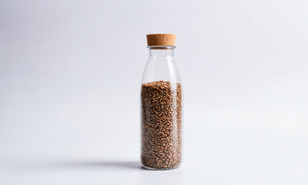 A glass jar with a cork lid holds a pile of brown grains on a white surfaceの素材