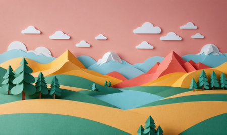 A papercraft landscape with mountains, trees, and a lake under a cloudy skyの素材