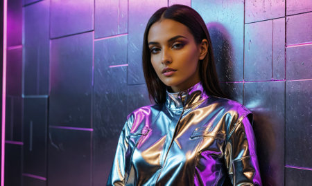 A woman in a silver jacket stands against a wall with purple and blue lightingの素材