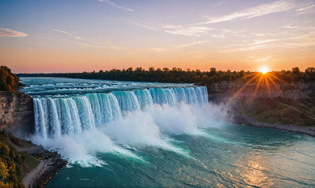 Niagara Falls at sunset, showcasing the powerful water cascading over the edgeの素材
