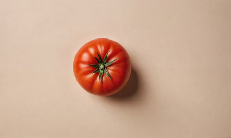 A single, ripe tomato sits on a beige surfaceの素材