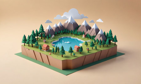 A papercraft model of a mountainous landscape with a lake, trees, and small housesの素材