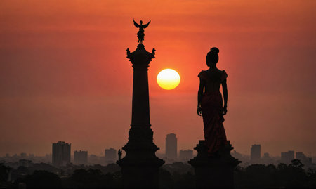 A silhouette of a statue of a woman stands tall against the setting sun in Dakar, Senegalの素材