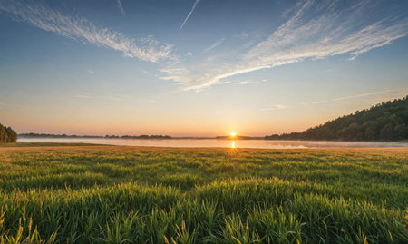 The sun rises over a foggy lake and field, creating a beautiful sunrise sceneの素材