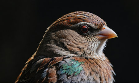 A small brown bird with a green patch on its wing sits against a dark backgroundの素材