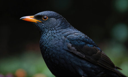 A blackbird with an orange beak perches on a branch in the forestの素材