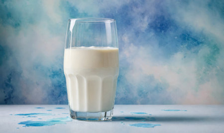 A glass of milk sits on a table with a blue backgroundの素材