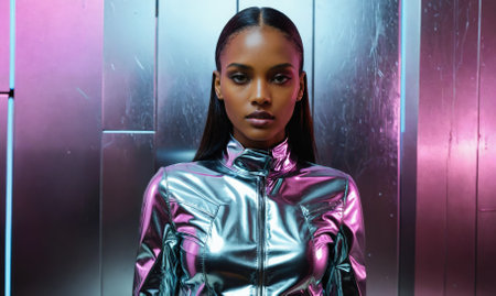 A woman wearing a silver jacket stands in front of a pink and blue wallの素材