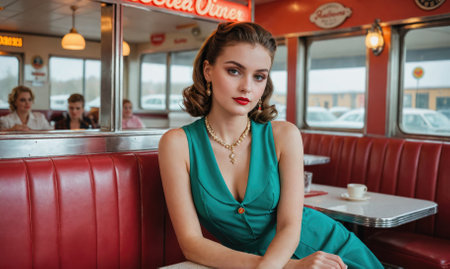 A woman in a teal dress sits at a booth in a retro dinerの素材
