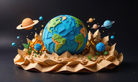 A paper model of Earth surrounded by planets and stars sits on a bed of crumpled paper, representing the universeの素材