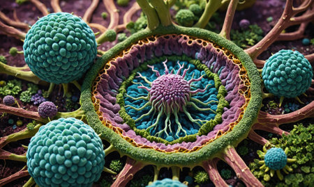 A close-up view of a colorful, intricate microorganism, showcasing the beauty found in the microscopic worldの素材