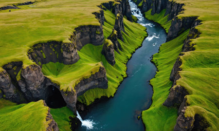 An aerial view of a river winding through a green canyon in Icelandの素材