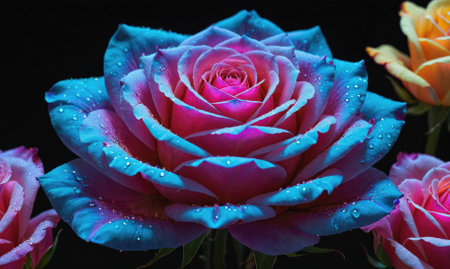 A close-up shot of a blue and pink rose with water droplets on the petalsの素材
