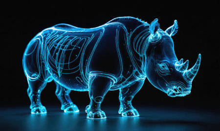 A digital rendering of a rhinoceros, illuminated in blue, stands against a black backgroundの素材