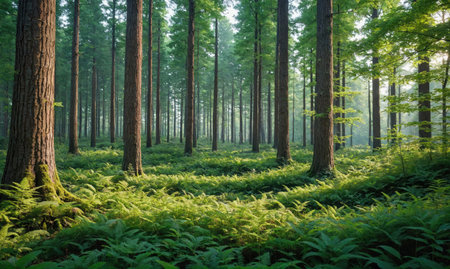 Sunlight filters through the tall trees of a dense forest, illuminating the green ferns belowの素材