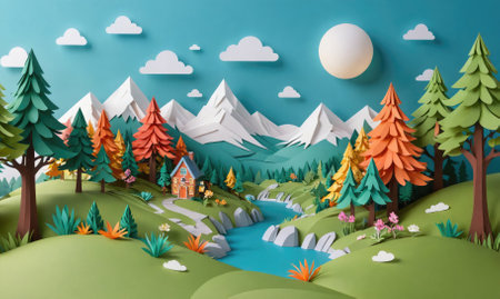 A papercraft scene with a small cottage, winding river, and snow-capped mountainsの素材