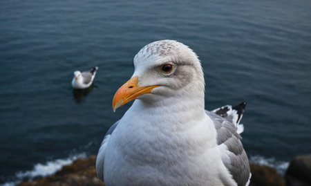 A seagull perches on a rocky cliff overlooking the ocean, looking intently at something in the distanceの素材