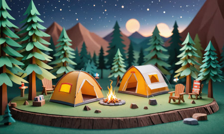 A papercraft scene depicting a campsite in the woods at night, with a fire burning between two tentsの素材