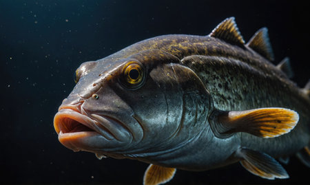 A largemouth bass swims through the water, its open mouth and large eye visible in the close-upの素材