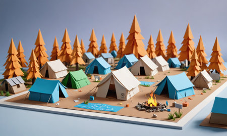 A papercraft campsite with colorful tents and a bonfire nestled among orange paper treesの素材