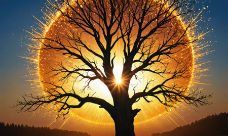A large tree stands silhouetted against a bright, fiery sunsetの素材