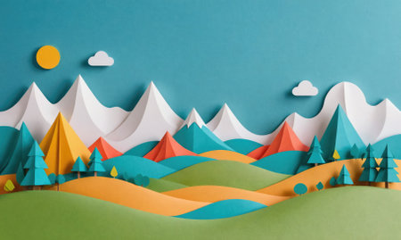 A papercraft landscape with mountains, trees, and a bright yellow sunの素材