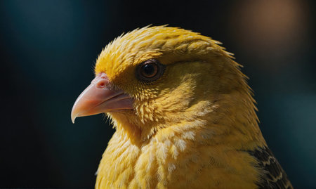 A yellow bird with black markings looks to the side while perched in a sunny spotの素材