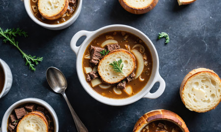 A bowl of beef and noodle soup with crusty bread on top is ready to eatの素材