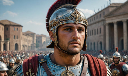 A Roman soldier stands in formation, wearing a helmet and armor, in a city squareの素材