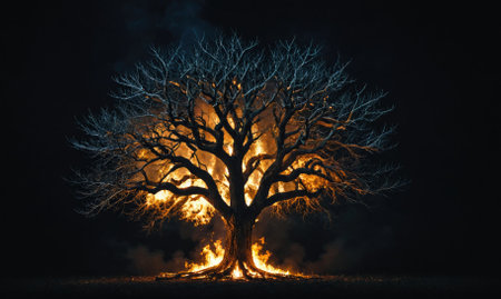 A bare tree burns brightly against a dark night sky, casting an eerie glow on the surrounding landscapeの素材