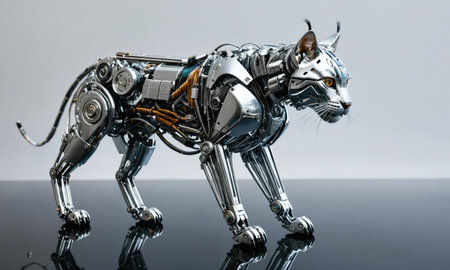 A robotic cat stands on a reflective surface with its head turned slightly to the rightの素材