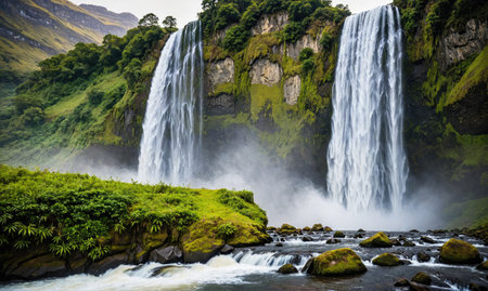 Two waterfalls cascade down a moss-covered cliff in a lush green landscapeの素材