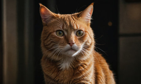 A ginger cat stares intensely at the camera with a serious expressionの素材