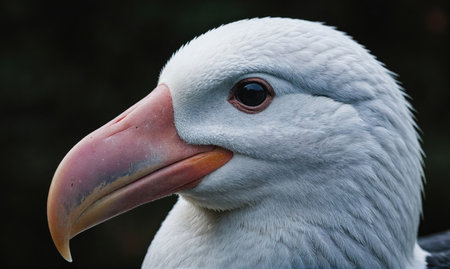 A close-up of a seabird with a pink beak and blue-grey feathersの素材