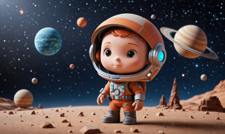 A young astronaut stands on a rocky planet, gazing up at a starry sky and a ringed planetの素材