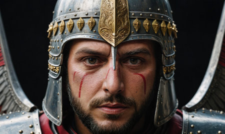 A warrior in a decorated helmet stares intently at the camera, the red streaks on his face suggesting a recent battleの素材