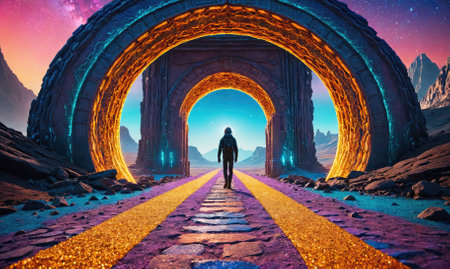 A lone figure walks toward a glowing archway in a futuristic landscapeの素材