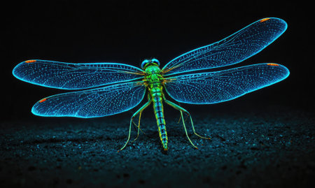 A dragonfly with translucent wings rests on a dark surface, glowing under ultraviolet lightの素材